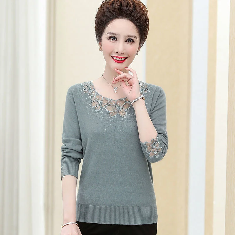 2024 New Mom Autumn Top Knitted Sweater Winter Lace Embroidery Shirt Middle aged Women's Fashion Woolen Clothes Pullover Female