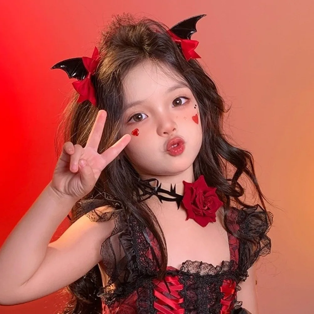 2 Pcs Funny Bow Halloween Hairpins Gothic Style Lolita Style Devil Horn Hair Clips Headwear Y2K Bat Duckbill Clips Cosplay