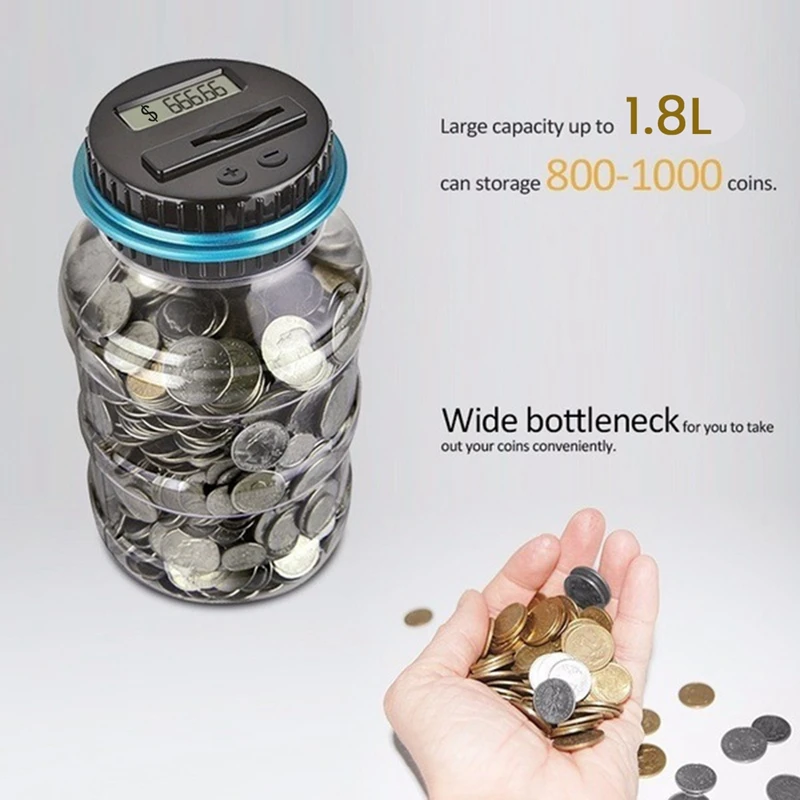 A16R-1Pcs Piggy Bank Money Box Jar 1.8L Counter Electronic Digital LCD Counting Coin Money Box Coins Storage Box Jar