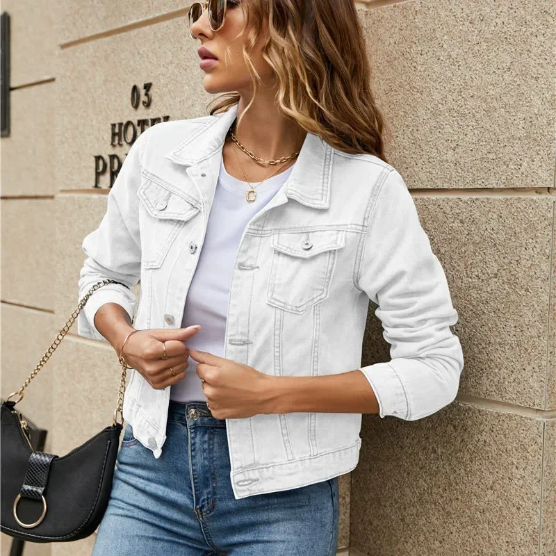 2024 neue Frauen kurze Jeans jacken Mode weiblich lässig Langarm Revers solide Knopf Tasche schlanke Jeans jacke Herbst Wintermantel