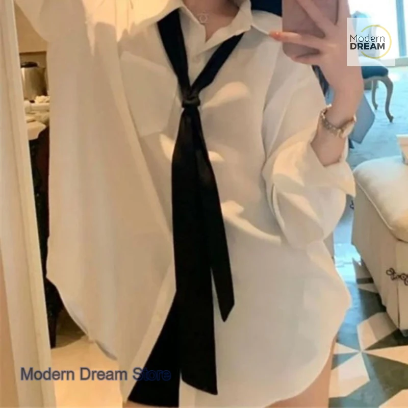 Korean style pure desire wind long-sleeved loose shirt top women's spring and autumn new design white sense minority tie shirt