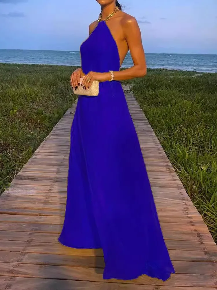 Fashion Metal Chain Halter Neck Long Dresses Women Sexy Backless Temperament Lady Solid Color Commuting Party Dress Summer New