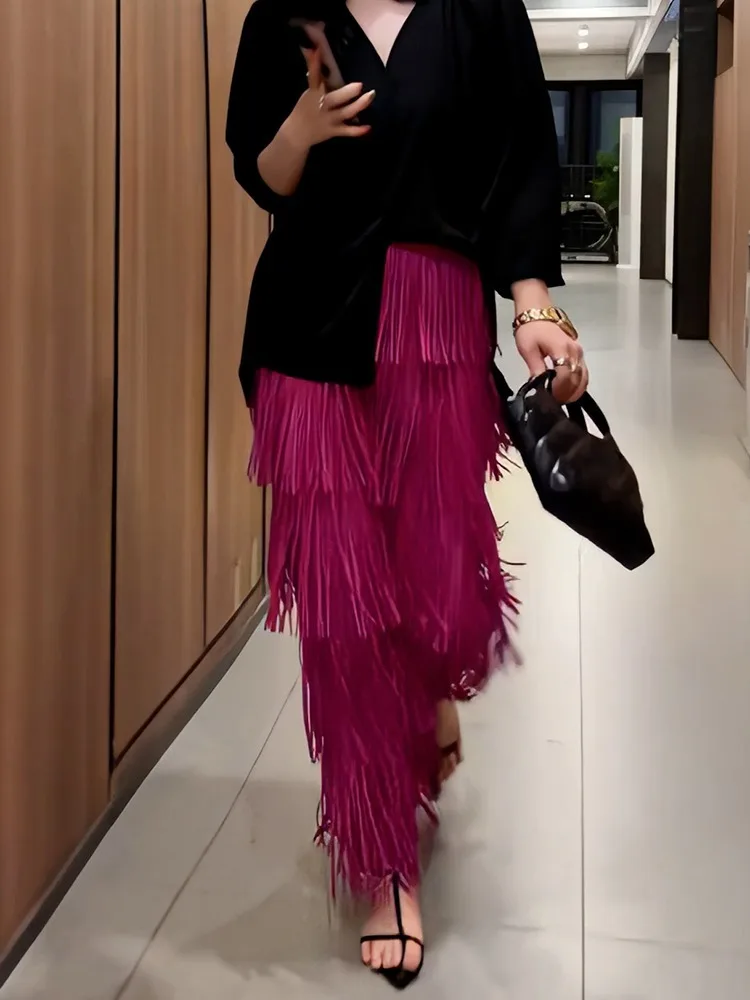 

Винтажная элегантная юбка для женщин, лоскутная талия, подол с кисточками, однотонные юбки-миди, женская уличная летняя одежда, стиль Y2k