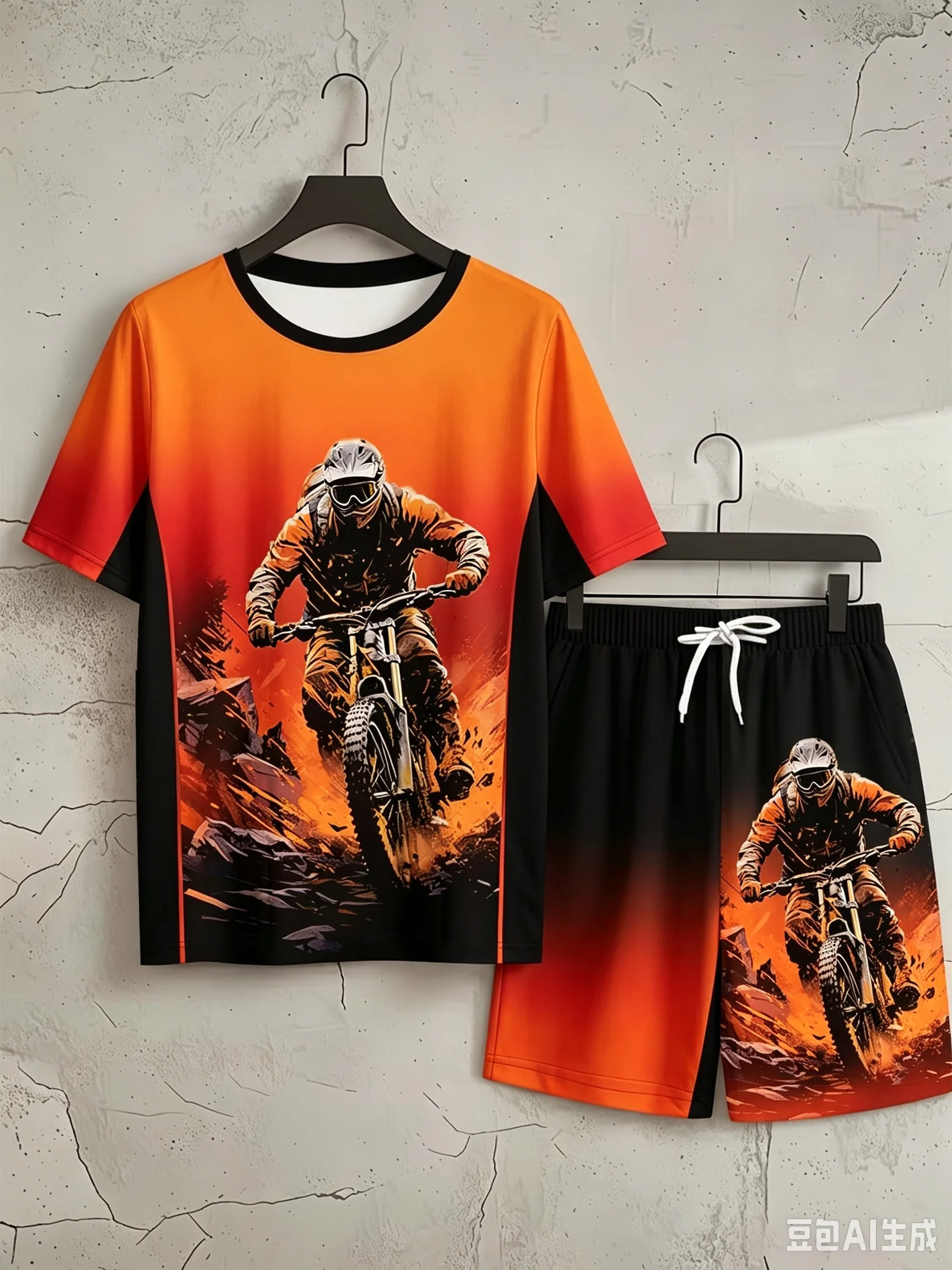 Men's Mountain Biking Set: Quick-Drying Short-Sleeve Outfit with Graffiti-Style Downhill Print –Suitable for Camping and Fitness