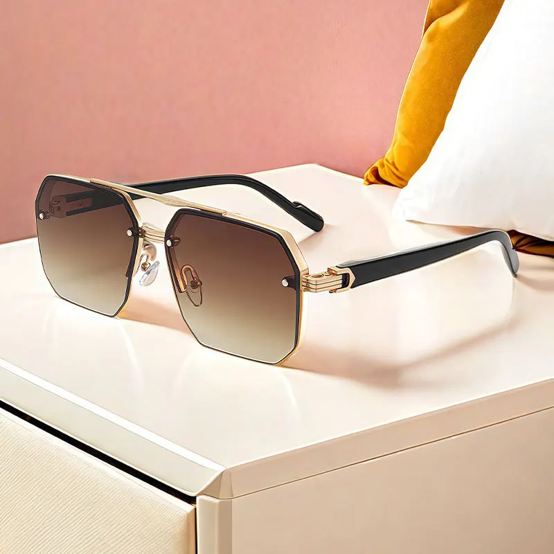 Oversize Retro Doppel Brücken Polygon Quadrat Metall Männer Sonnenbrille Mode Gradient Shades UV400 Trend Frauen Sonnenbrille – Detail 5