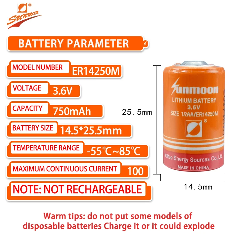 Sunmoon ER14250M 3.6V lithium battery used for intelligent robot temperature controller, smoke alarm sensor