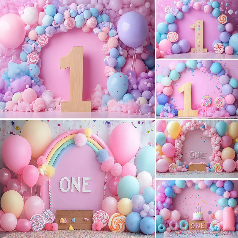 

LS 1st Happy Birthday Photography Backdrop Cake Smash Kids Birthday Party Photo Background Balloon Lollipop Candy Decor Props