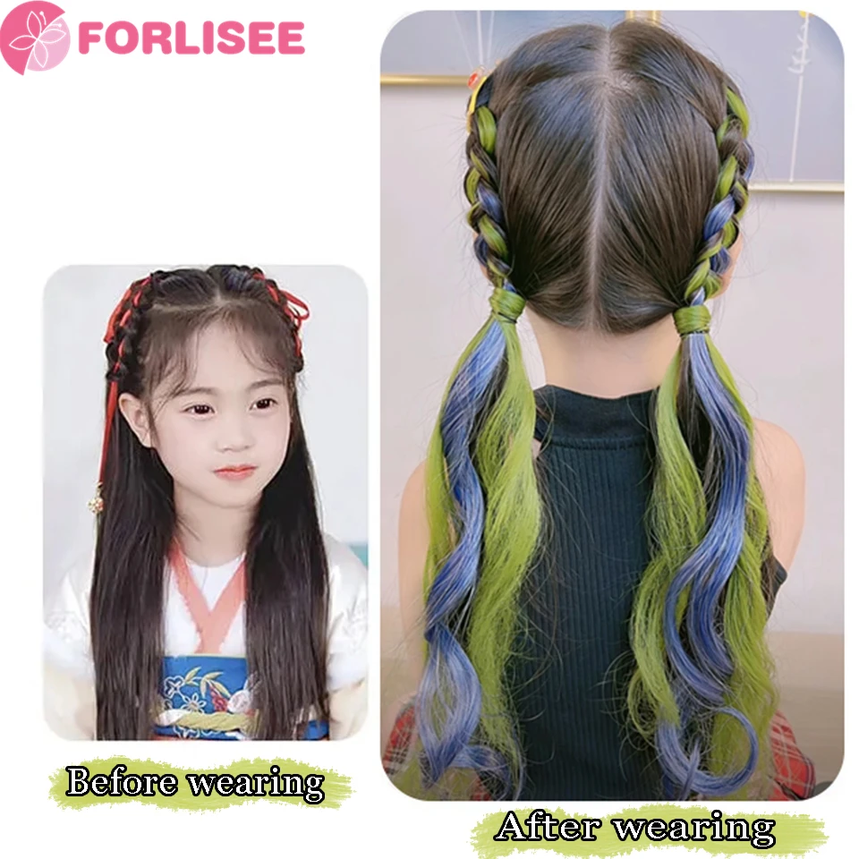 FORLISEE Synthetic Children's Colorful Ear Hanging Wig Piece Female Long Hair Highlighted Dye Invisible One Piece Hair Extension