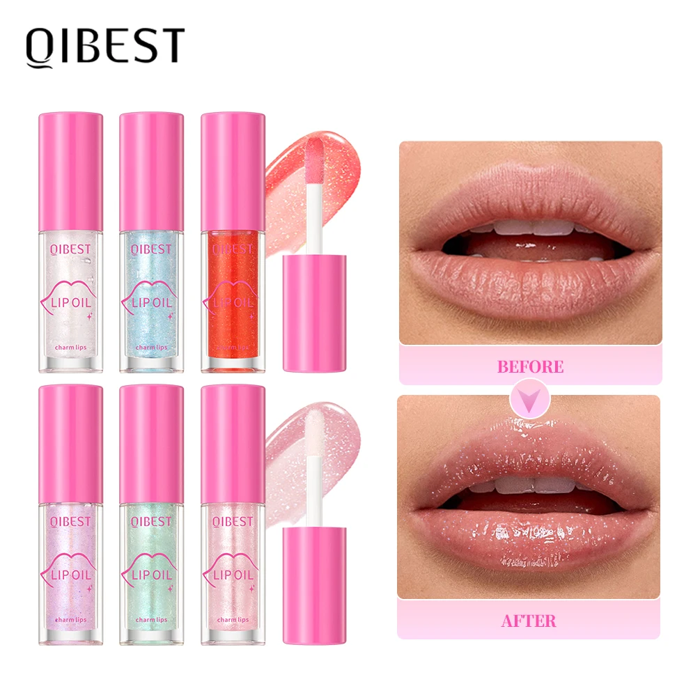 QIBEST-aceite de labios de vidrio transparente, espejo duradero, brillo de labios acuoso, bálsamo de aceite de labios brillante, imprimación reparadora de labios, cosméticos