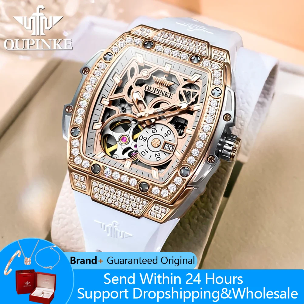 

OUPINKE 3220, женские часы с маховиком, механические часы со скелетом для женщин, роскошные наручные часы с силиконовым ремешком, сапфировые зеркальные часы