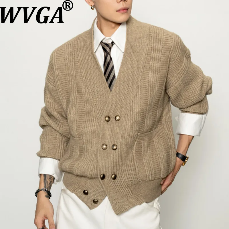 

WVGA Autumn Winter New Man Tide Double-Breasted Knitted Cardigan Coats Heavy Weight Niche Chic Casual Sweater Jackets Ins W14847