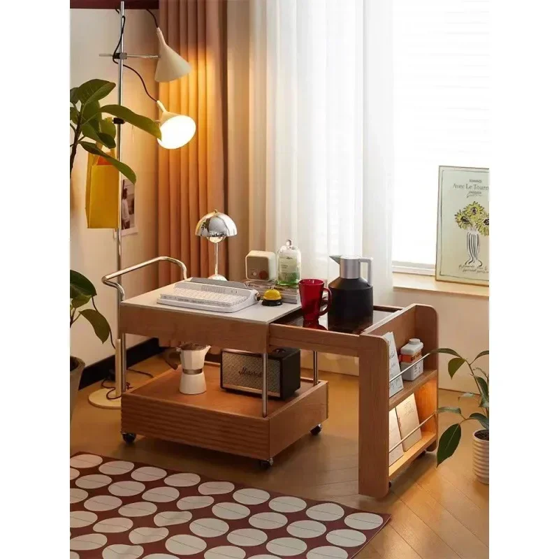 Coffee table solid wood living room sofa small table surrounding stove tea mobile tea cabinet Japanese movable retractable rock