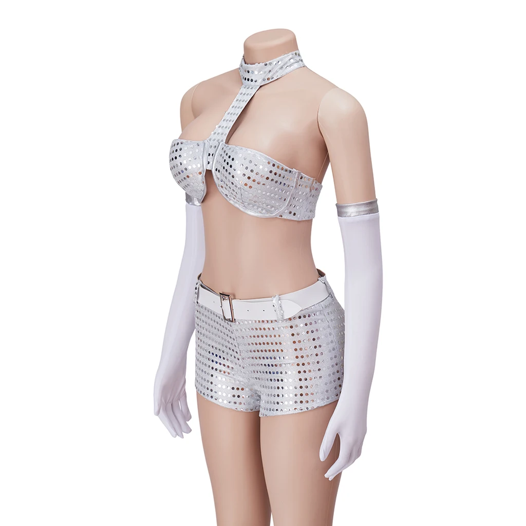 Austin Powers Fembot 코스프레 코스튬 여성용 섹시한 상의 반바지, 세트 댄스 복장, 할로윈 파티 은색 옷