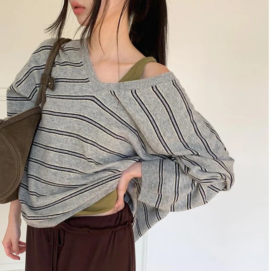 Maglione lungo a righe Sve lavorato a maglia chic V-Ne per donna T-shirt vintage Lazy Sle Fre Age-Defng Top casual Faion