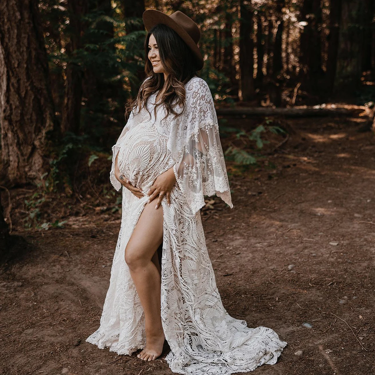 Customized Boho Empire Waist Maternity Wedding Dress Beach Cutout Lace Plus Size Long Batwing Sleeves Pregnant Women Bridal Gown