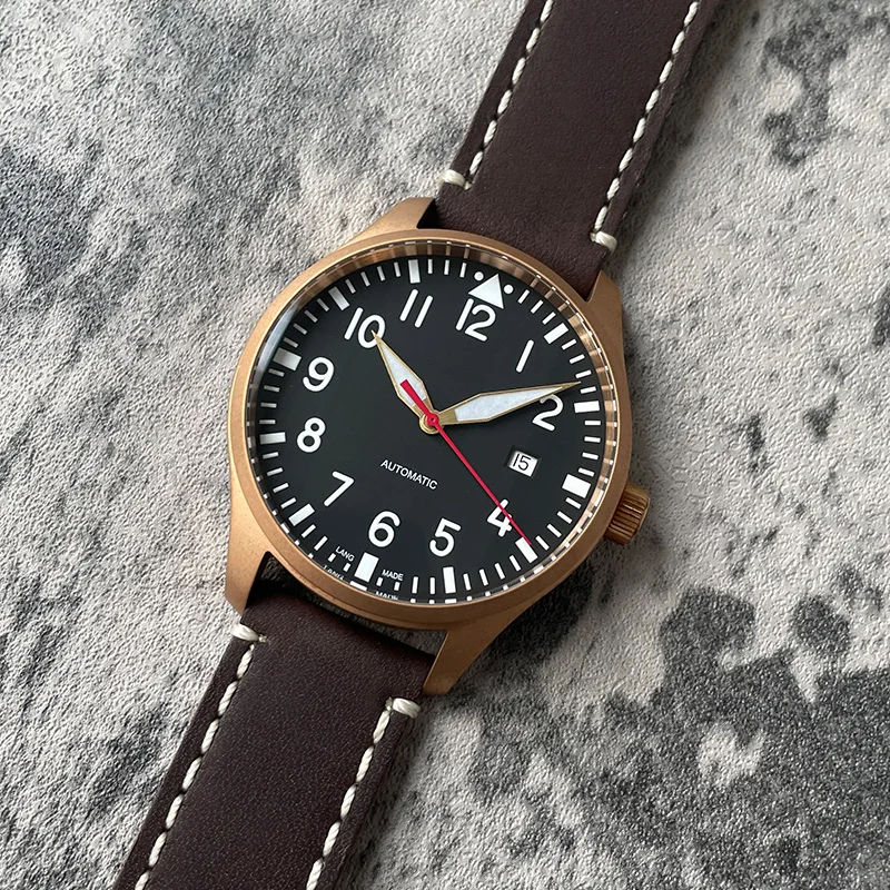 Baltany Bronze Pilot Watch Swiss Luminous Swiss 100M Waterproof Sapphire Crystal Leather Strap ST2130 Automatic Men Wristwatches