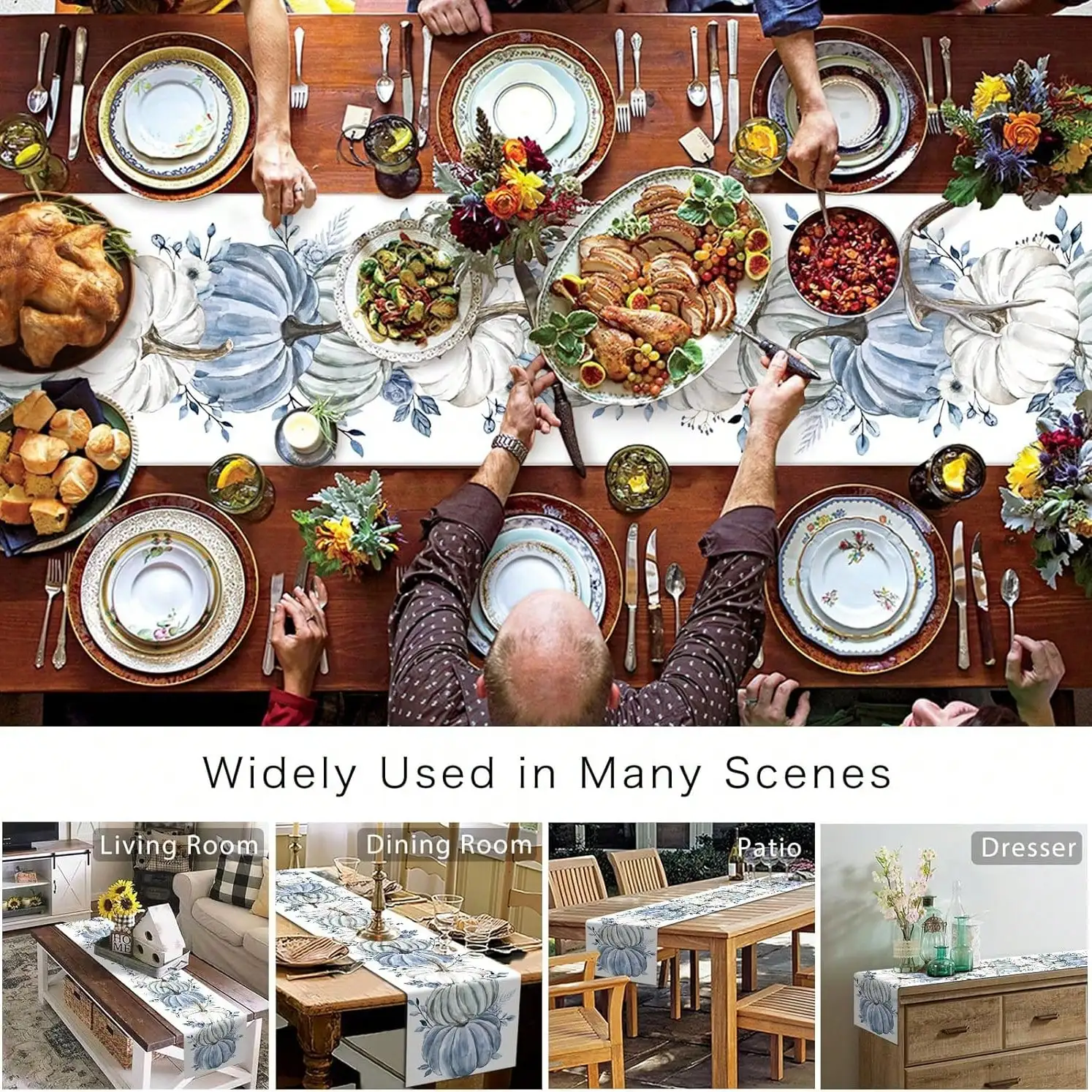 Fall Blue White Pumpkins Eucalyptus Leaves Table Runner Dresser Scarf Table Decor Reusable Autumn Harvest Kitchen Dining Table Runner Holiday Party Decorations
