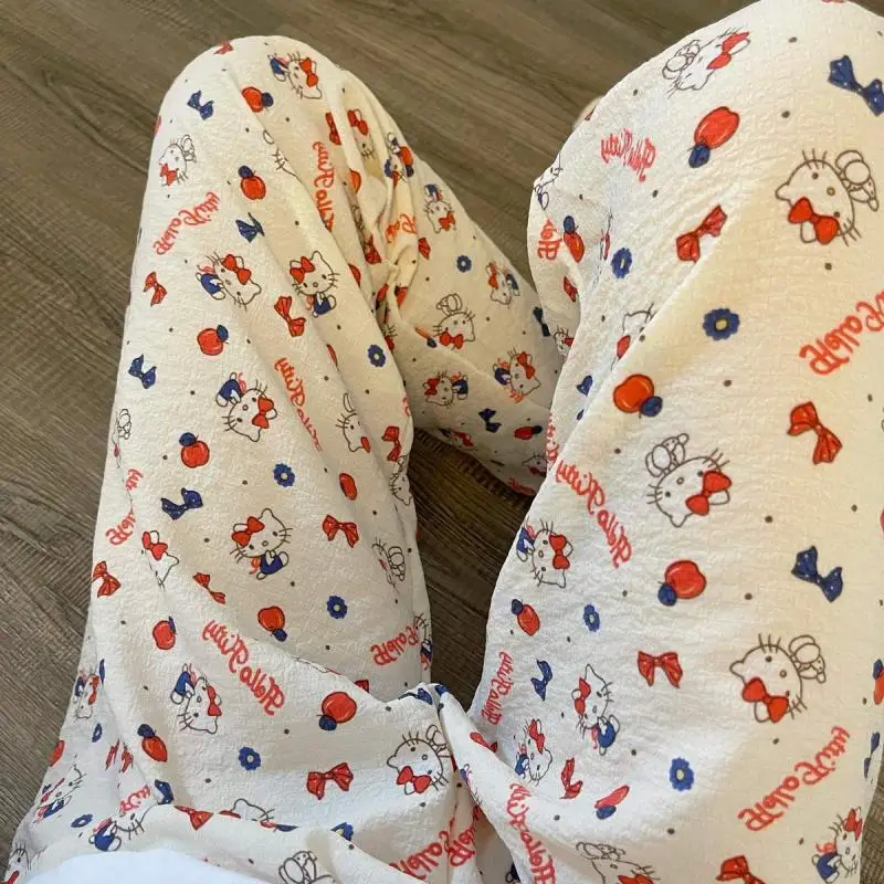 Anime Sanrio Hello Kitty Kawaii Pajama Pants Cartoon Print Summer Cool Fabric Loose Comfortable Breathable Cute Girl Trousers