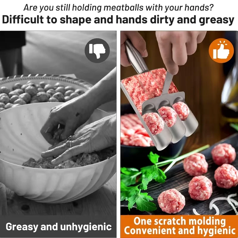 Stainless Steel Meatball Maker Scoop with Divider Manual Ground Meat Portioning Tool for Beef Pork Burger Balls Kitchen Cooking