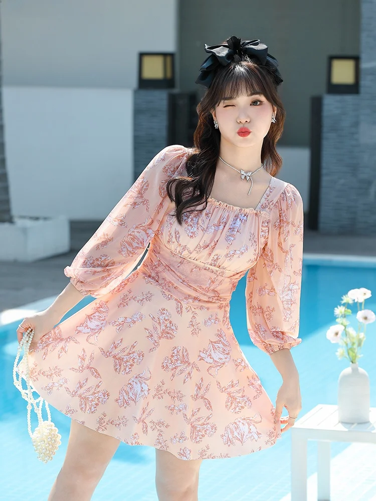 

Floral Print One-Piece Swimsuit Women plus Size Long Sve Thermal Spa Suitable High Elastici round Ne Dstring Chest Pad