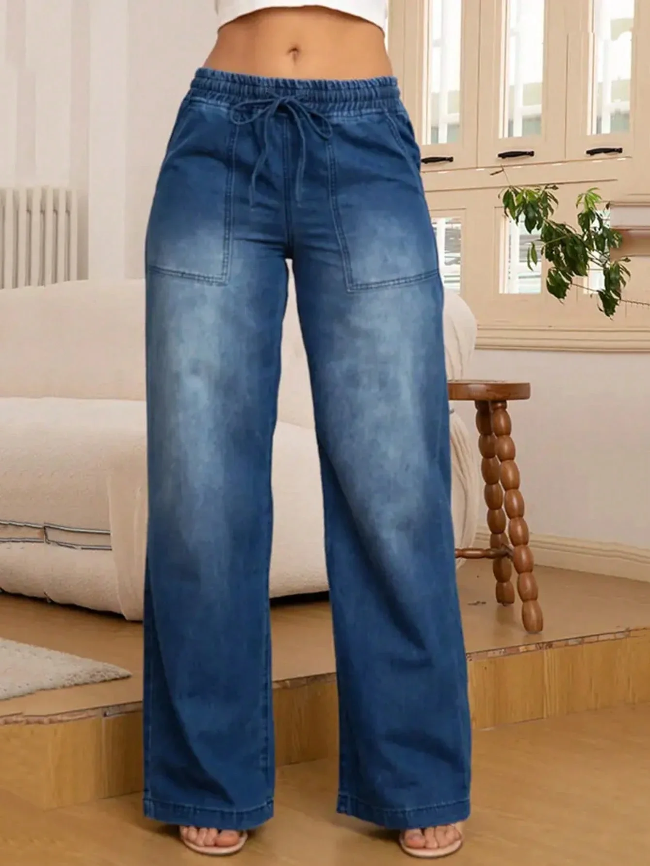 

Women's Drawstring Waist Wide Leg Straight Jeans With Pockets Casual Spring