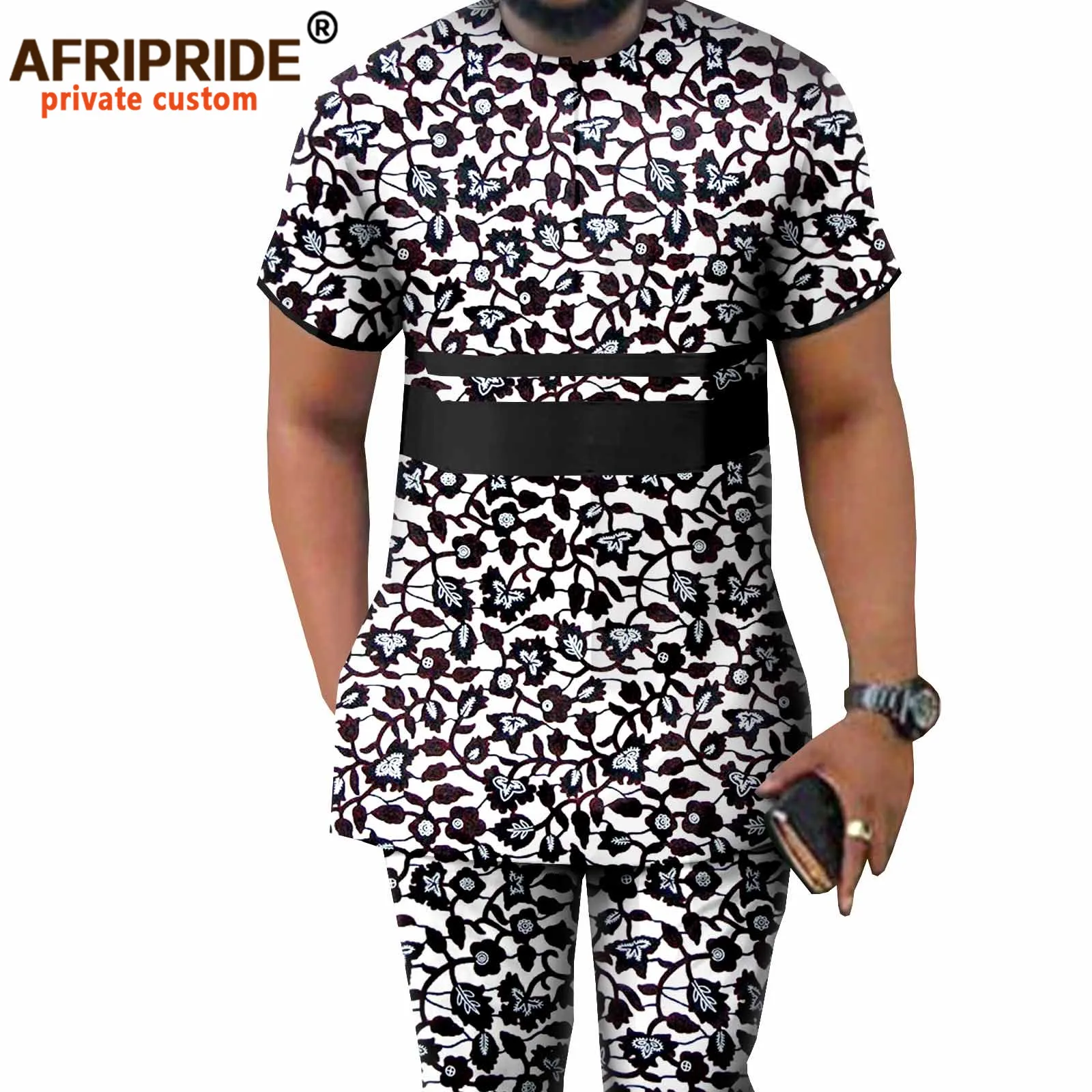 African Men Clothing Ankara Pants Set Dashiki Shirt 2 Piece Outfits Crop Top Attire Short Sleeve Plus Size Casual A2116042