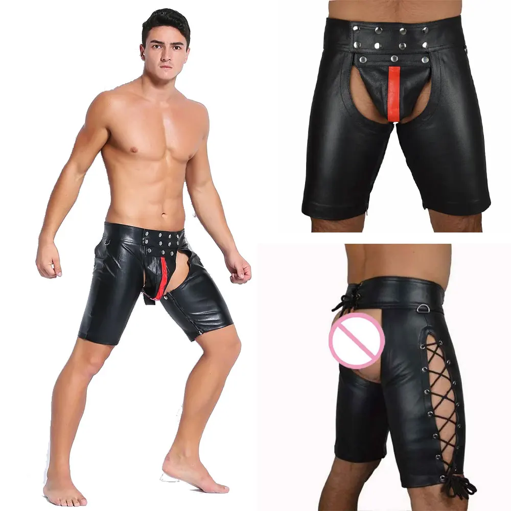 

Hot Black Mens Latex PVC Bondage Open Cortch Shorts Men Short Sexy Lingerie Gothic Fetish Gay Men Faux Leather Lace Up Pants