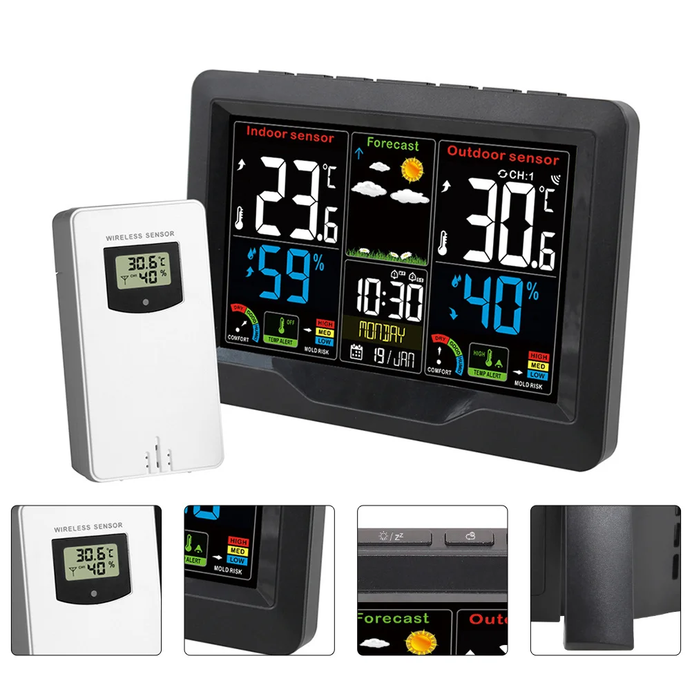 

1Set Color Screen Weather Clock Indoor Wireless Sensor Accurate Hygrometer Clock Temperature Humidity Monitor Dual Alarm