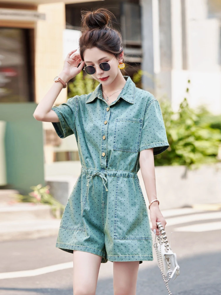 

European Design Thin ort Sve Denim Overalls Women Summer 2024 New Small Size Wide Leg orts One-Piece Suit Casual Pants