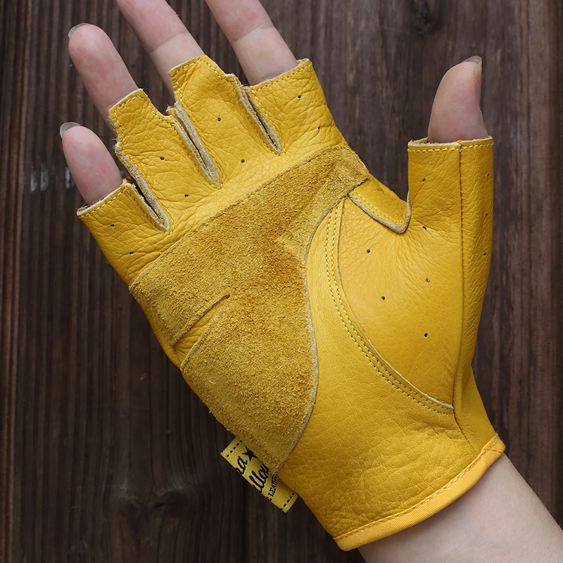 

Summer Half Finger First Layer Cowhide Gloves Motorbike Open Riding Outdoor Wear-Resistant Drop-Resistant Yellow Retro Leather
