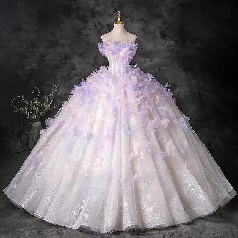 Off Shoulder Pink Strapless Light Wedding Dress Runaway Princess Palace Veil Studio Flower Arrangement Trailing Customized