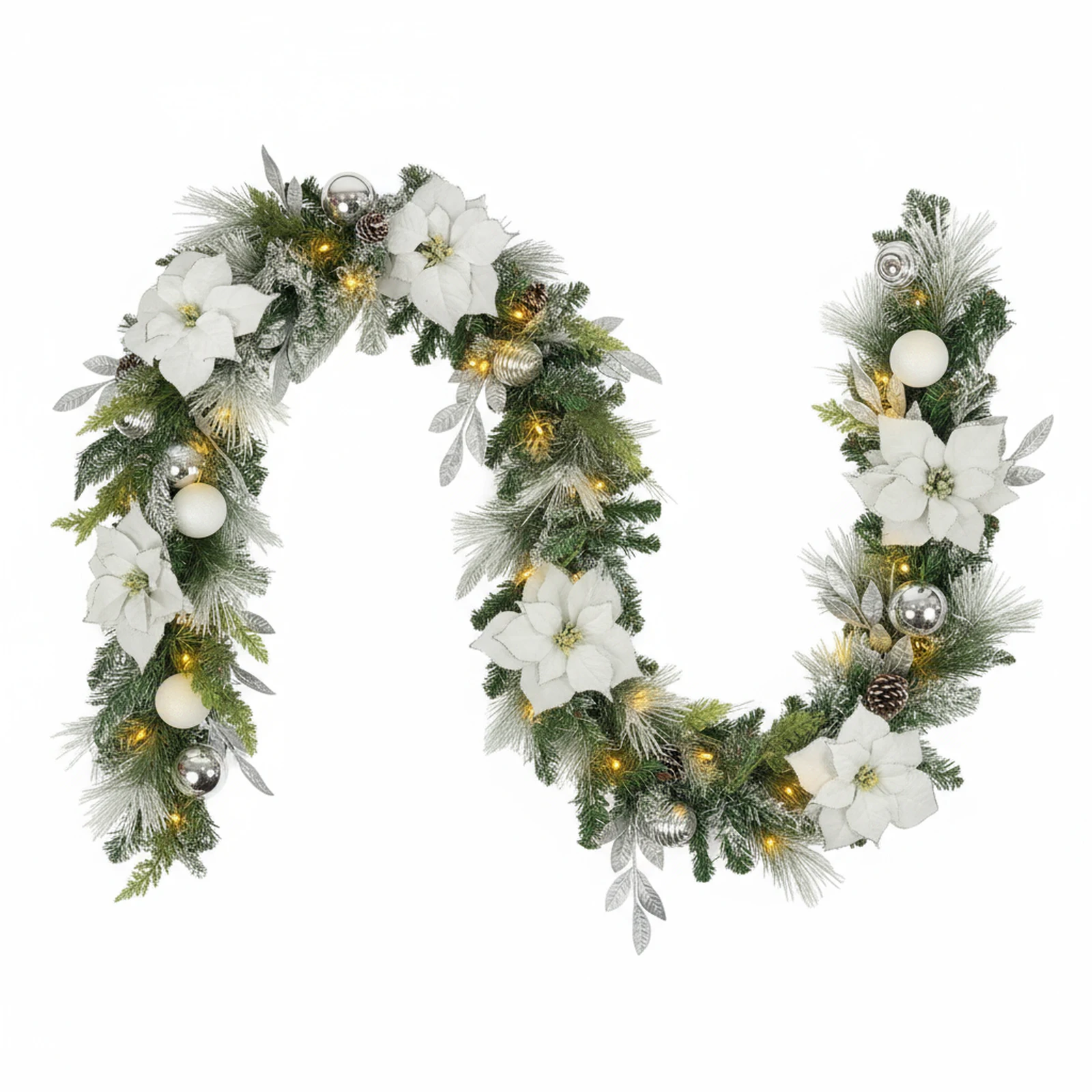 Lighted Christmas Garland for Mantle, Fireplace, Stairs, Garland for Front Door Pre-lit 9 Feet Winter White Silver Poinsettia Garland with 100 LED Lights, Timer Operated In/Out Door Decor