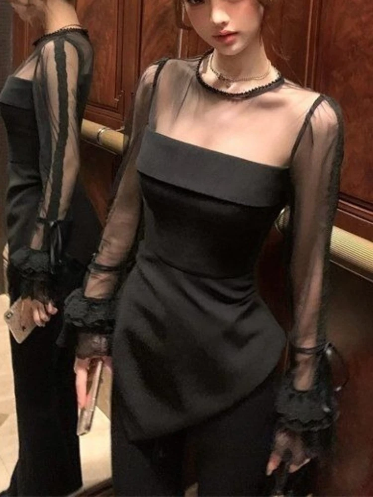 Inverno Nuovo Design Vedere Attraverso Maglia Nera T-shirt a maniche lunghe Donna Y2k Irregolare Slim Fit Magliette e camicette Francese Dolce Elegante Chic Abiti