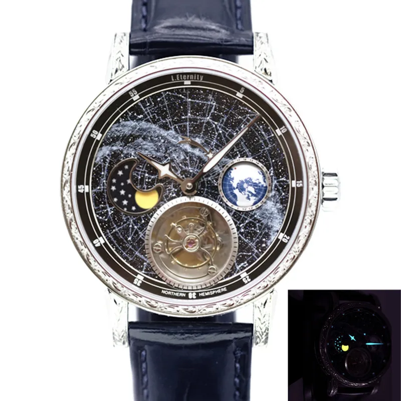 Super Mens Automatic Tourbillon Mechanical Watch Milky Way 3D Rotate Earth Moonphase Business Male Wrist Watches Luminous Dial