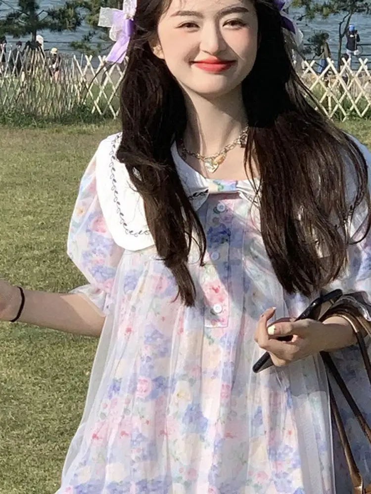 

Sweet Embroidered Doll Collar Short Skirt Women's Summer Loose Mesh Splice Floral Dress plus Size Casual High Waist Button De...