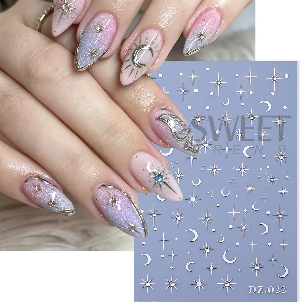 2pcs Moon Star Nail Stickers With Rhinestone Luxury Y2k Sun Polka Dots Adhesive Metal Gems Decals Gold Silver DIY Charm Manicure