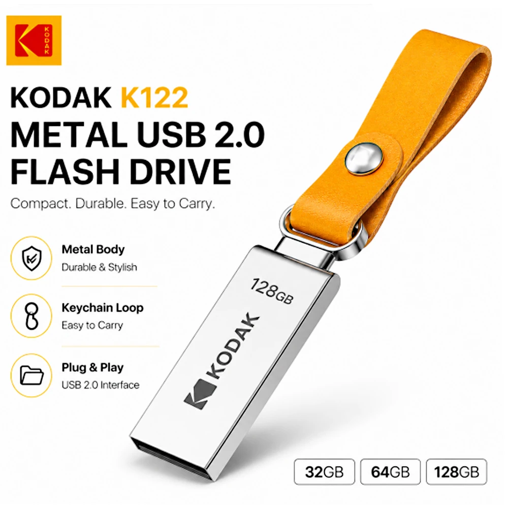 KODAK K122 Metall USB 2.0 Flash-Laufwerk 32 64 128GB Speicherstick mit Gelbem Schlüsselanhänger für Laptop PC Auto Audio TV Dateiübertragung