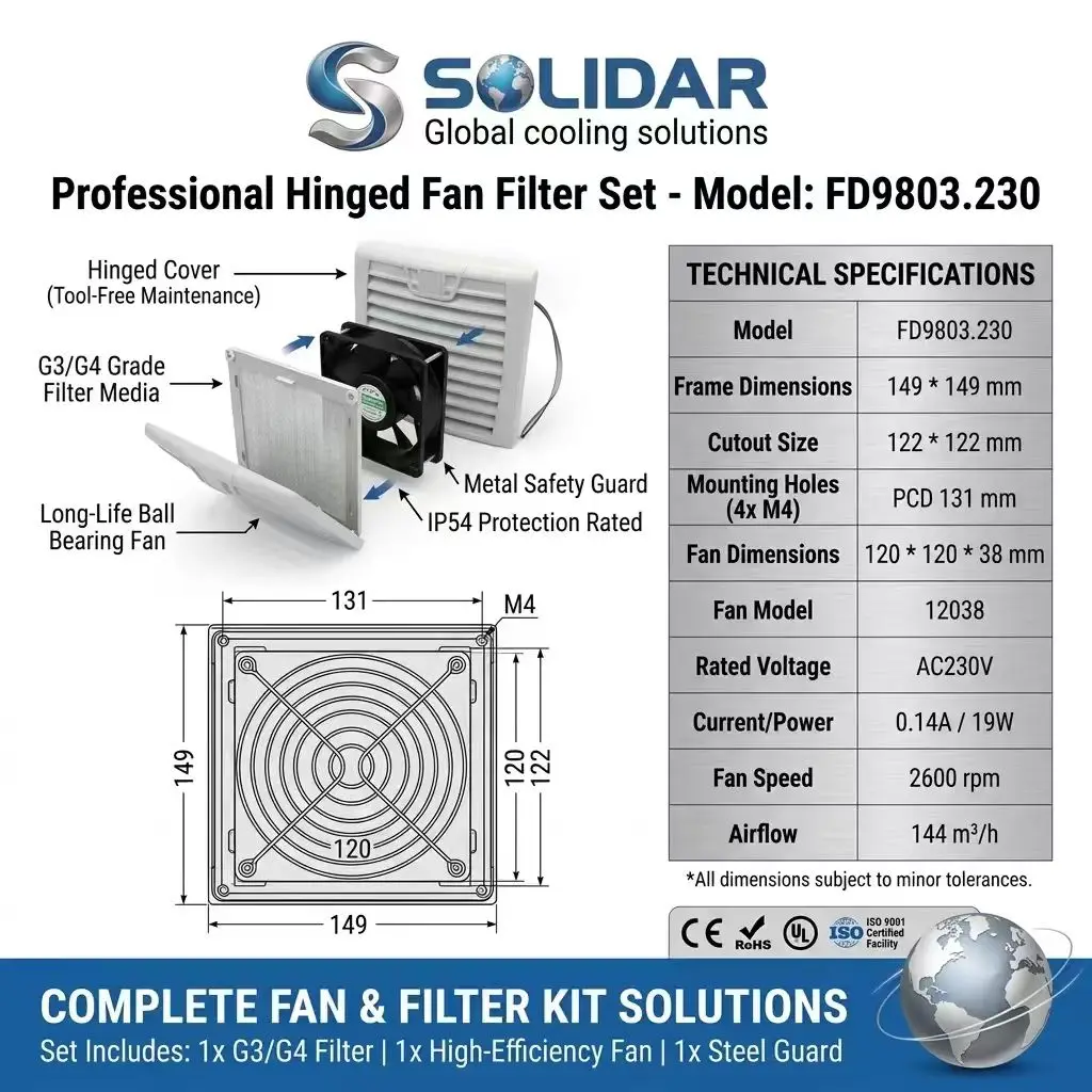 FD9803.230 Hinged Fan Filter Set 149x149mm AC 230V 12038 Cabinet Cooling Fan Metal Guard G3/G4 Filter Media Ball Bearing