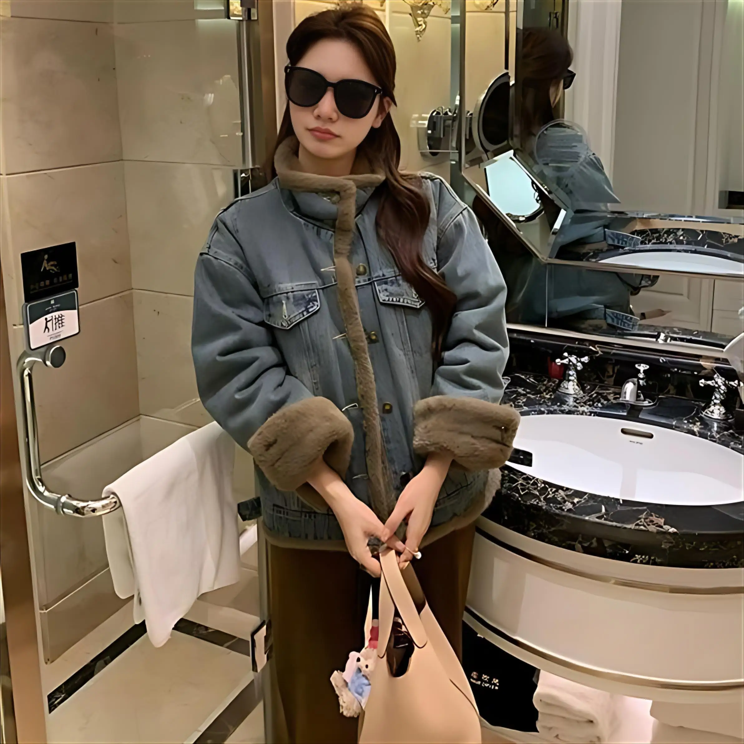 

Denim Coats Long Fur Plush Womens Winter Slim Fit Ins Style Outdoor Activities Anti-Odor Body-Shaping Softshell Thermal Quilted