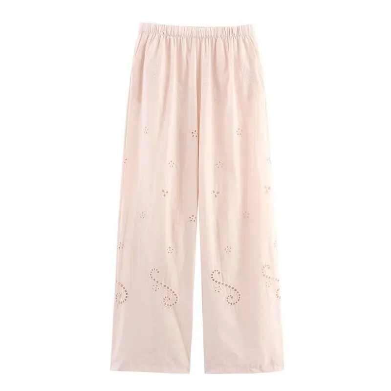 2025년 여름 신상 여성용 면 자수 벌룬 슬리브 탑과 롱 팬츠 패션 세트 라운드 넥 슬리브 라운드 넥