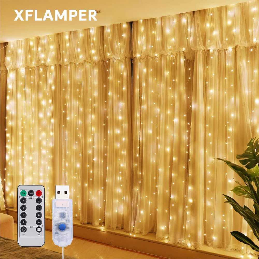 3Mx3M 300LED USB Curtain Light Warm White for Bedroom Remote 8 Modes Hanging Window Fairy Lights for Home Decoration