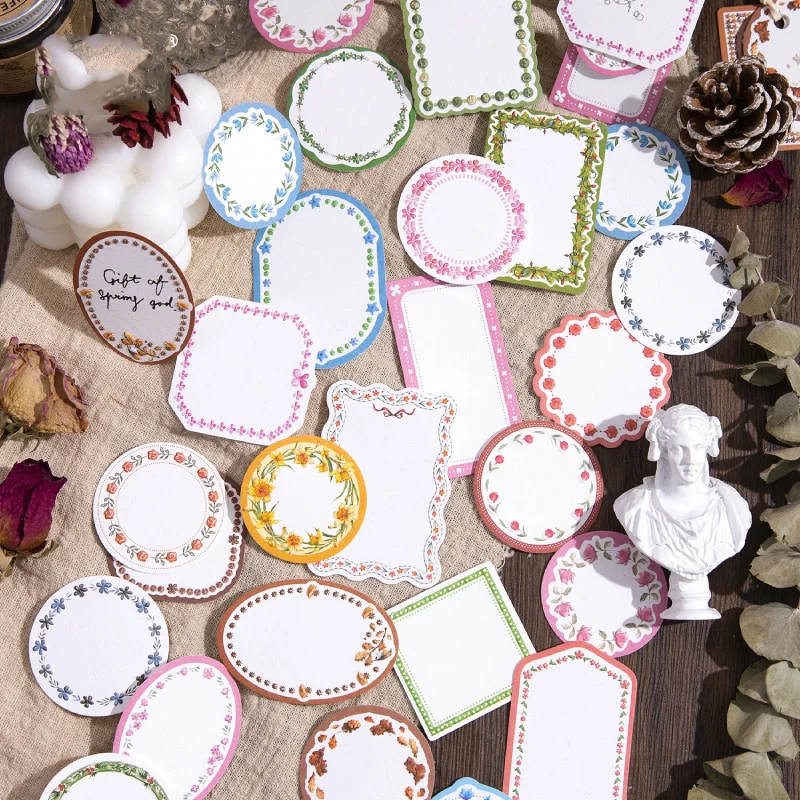 ฤดูใบไม้ผลิของขวัญพระเจ้า Series Vintage ดอกไม้ลูกไม้ขอบบรรเทาภูมิทัศน์ MeMO Pad Creative DIY Journal วัสดุ Collage เครื่องเขียน