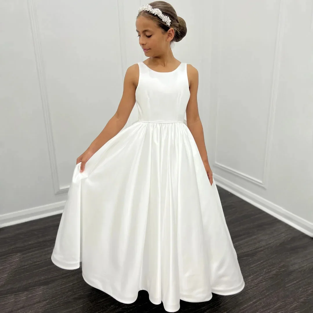 Customized Wedding Birthday Party Flower Girl Dress White Satin With Bow Sleeveless For Banquet Holy Communion Prom Gown