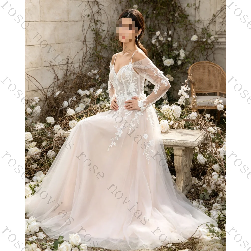 Customized Off Shoulder Camisole Long Sleeved Chiffon Wedding Dresses 2026 Flower Decal A-line Bridal Gown Suitable for Parties