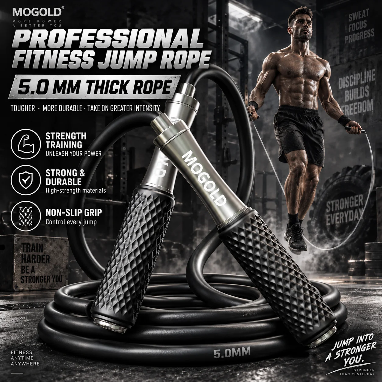 MOGOLD Professional Fitness Jump Rope - 5.0mm Thick Adjustable Skipping Rope with Aluminum Alloy Handles & Non-Slip Silicone Gri
