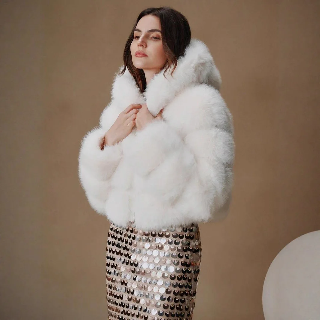 للإناث متعدد الألوان سيدة فو الفراء سترة الشتاء المرأة معطف الفرو البيئي منقوشة فروي مقنعين سستة سترة الفراء الاصطناعي #2