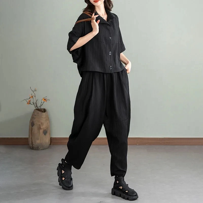 Casual Loose Two Piece Sets Half Sleeve Shirts Cropped Tops Conjunto High Waist Bloomers Baggy Harem Pants Suit Women Outfit