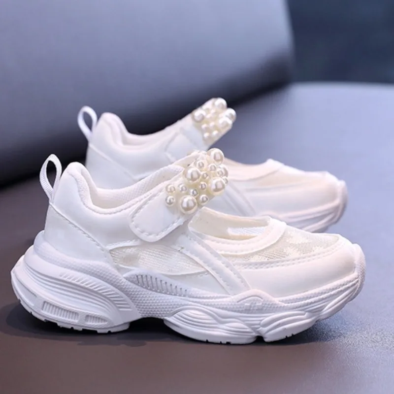 Girls Sneakers Solid Mesh Breathable Kids Shoes Fashion Pearl Children Casual Shoes Soft Bottom Anti Slip Princess Tennis Shoes