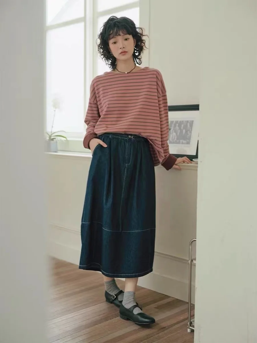 

Retro Flouffant Skirt Women's Summer Elastic Waist Jeans A-Line Skirt High Waist Midi Pure Color Versatile No Tag Needed