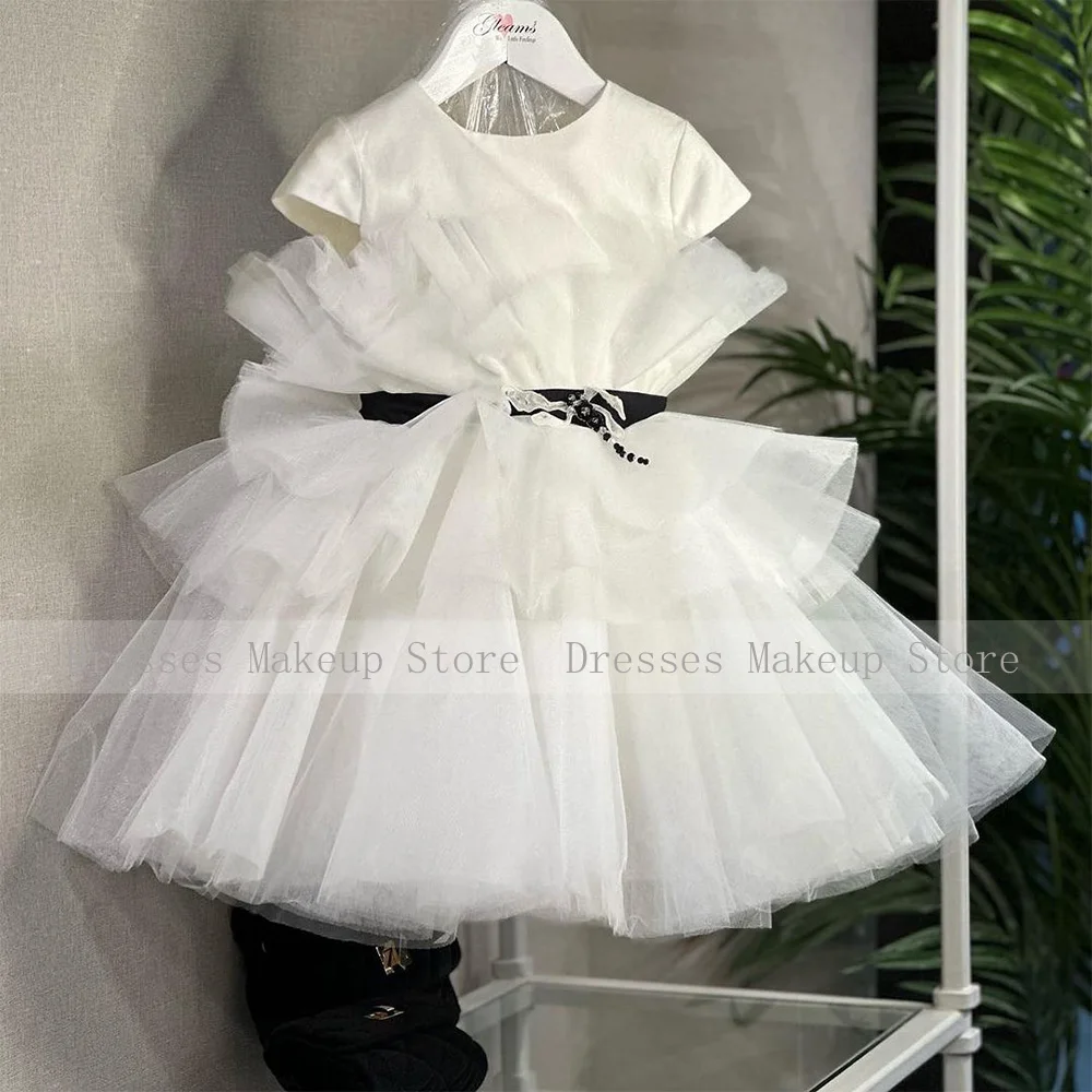 Girls Birthday Dresses O Neck Cap Sleeves Black Belt Short Party Dress for Girl Tiered A Line Tea Length Princess Party Gowns